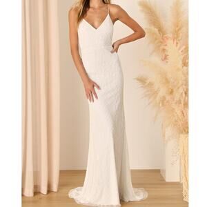 Lulus Bridal NWT Cherished Vow White Beaded Backless Mermaid Wedding Gown Dress